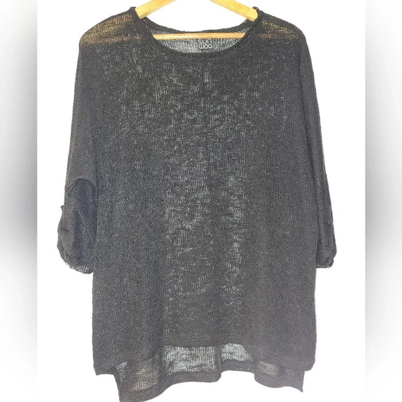 CLARA SUN WOO Semi Sheer Black Quarter Length Sleeve Raw Hem Tunic Sweater Top - Picture 1 of 6